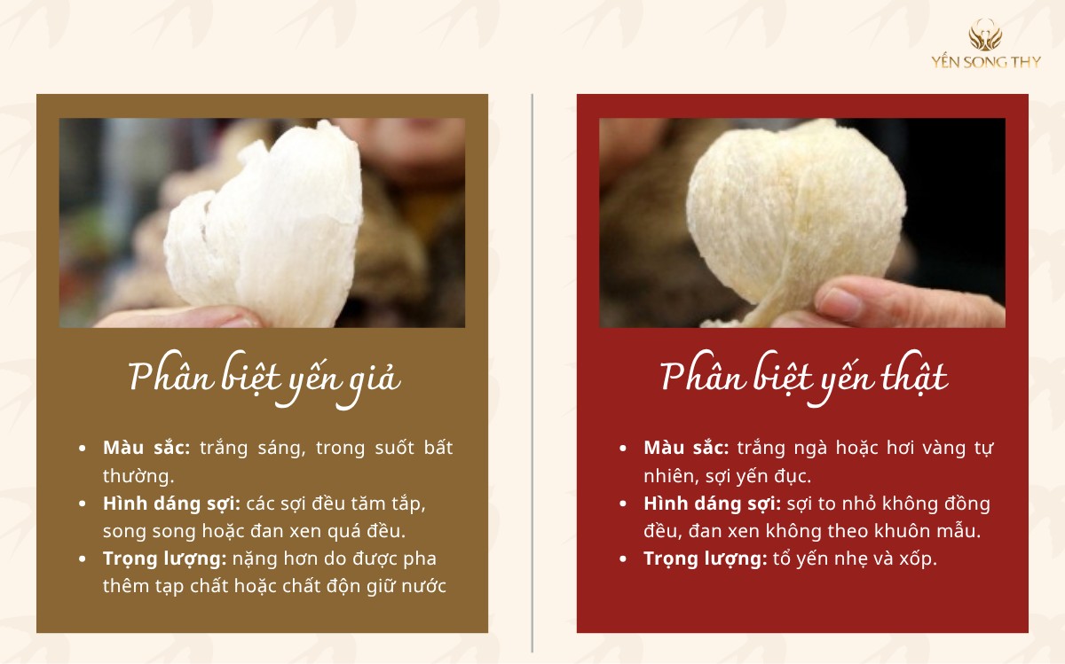 Có thể quan sát màu sắc, hình dáng mà kích thước để phân biệt yến thật giả